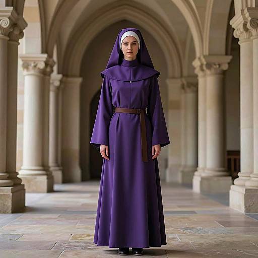 Medieval Nun in Purple Robe Standing in Stone Archway