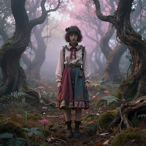 A young girl in a patchwork dress stands in a misty, enchanted forest with twisted trees and pink flowers. Digital art.