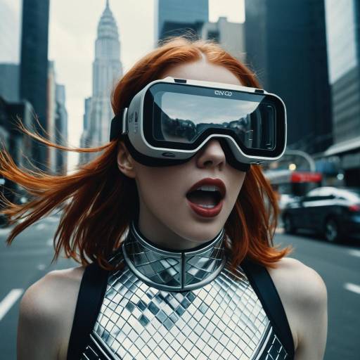 Futuristic Redhead Woman Wearing VR Goggles in City