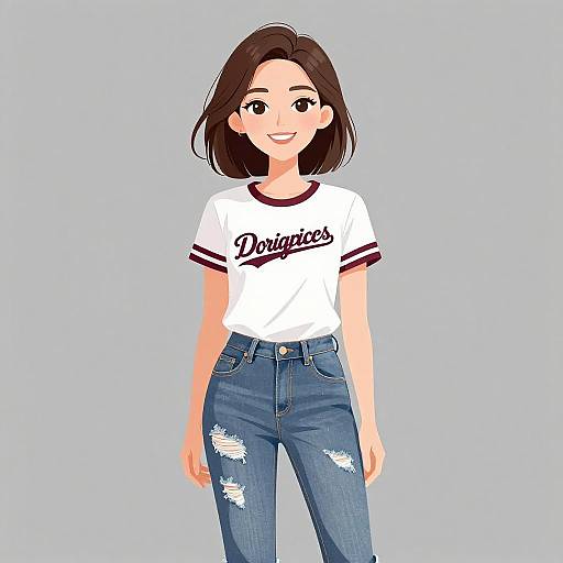 Digital anime-style drawing of a smiling young woman with straight brown hair, wearing a white Dodgers t-shirt and ripped blue jeans.