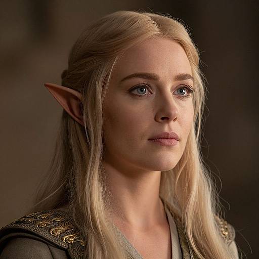 Photograph of a blonde, fair-skinned elf woman with pointed ears, blue eyes, and long hair, wearing a detailed, medieval-style garment.