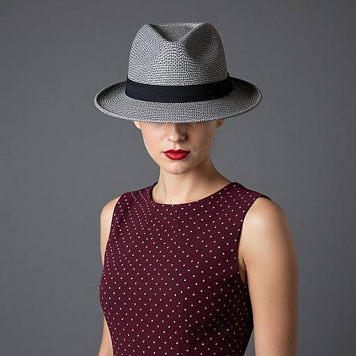 Photograph of a fair-skinned woman with red lips, wearing a black-and-white patterned hat, sleeveless maroon polka dot dress,