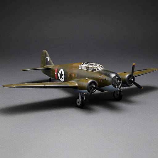 Photograph of a detailed, olive-drab World War II-era military aircraft with a white star insignia, dual propellers, and dark background.