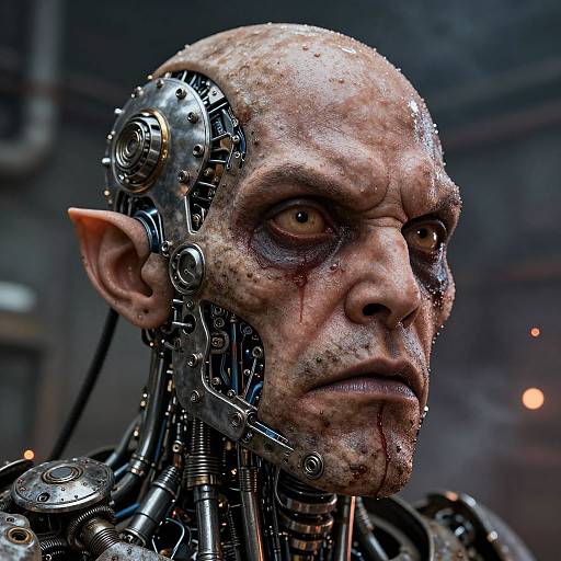 Photorealistic CGI of a bald, sinister, cybernetic humanoid with mechanical gears, wires, and blood on his face, staring intensely. Dark