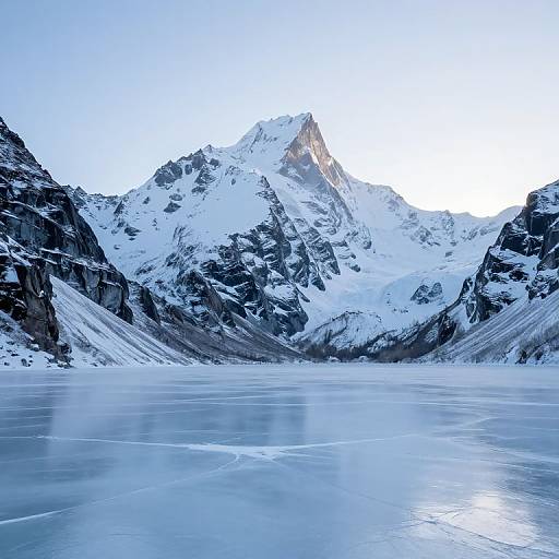 Photograph of a serene, icy glacier lake with snow-capped, jagged mountain peaks under a clear, pale blue sky. Reflections on the