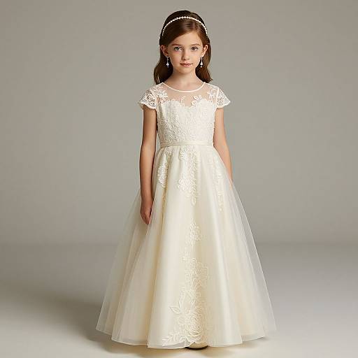 Photograph of a young girl with light brown hair in a white lace and tulle wedding dress, wearing a pearl headband, standing against a plain
