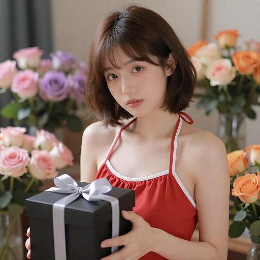 Young woman holding gift box with roses