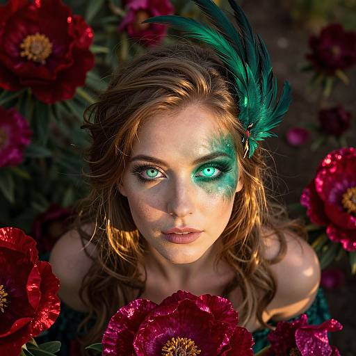 Photograph of a fair-skinned woman with green and blue eye makeup, brown wavy hair, and a teal feather, surrounded by vibrant red flowers