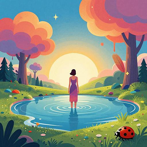 Digital illustration: Woman in purple dress stands in vibrant blue pond, facing radiant sunset. Colorful clouds, trees, and grass surround her, with a