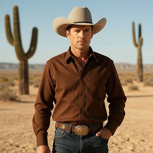 Photograph of a handsome, fair-skinned man in a brown shirt, white hat, and belt, standing in a desert with cacti.