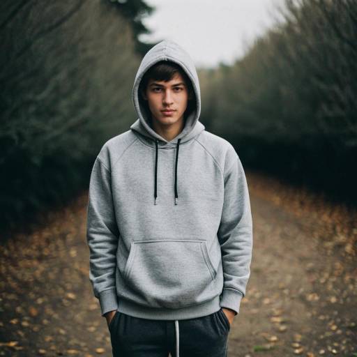 Realistic Boy in Grey Sweatshirt Outdoors