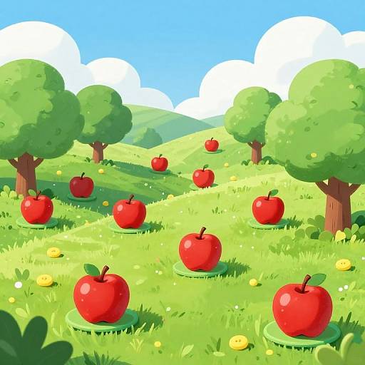 Digital illustration of a vibrant, sunny orchard with green hills, fluffy white clouds, and scattered red apples under bright blue sky.