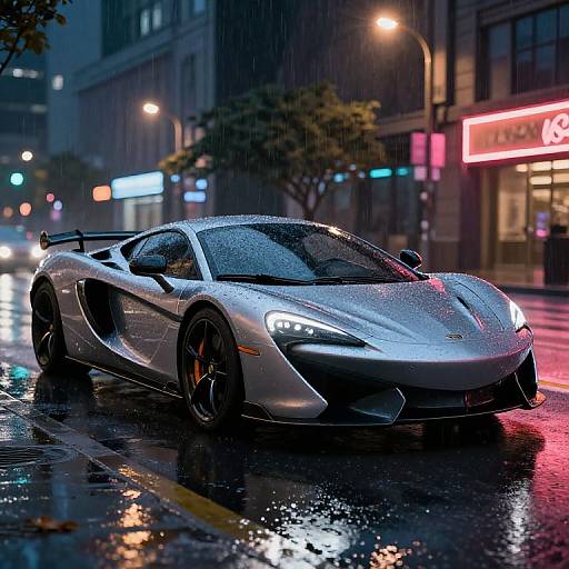 Photorealistic CGI of a sleek, silver, rain-soaked Lamborghini Huracán with glowing headlights parked on a neon-lit, rainy urban