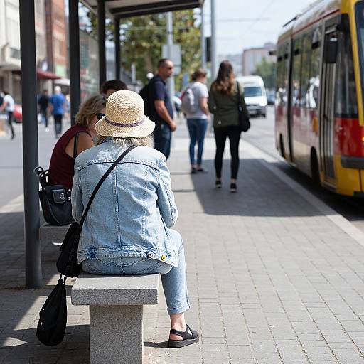 Photograph of a woman in a straw hat and denim jacket sitting on a bench at a sunny urban bus stop.