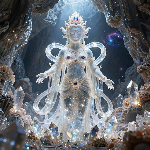 Photograph of a glowing, ethereal, white, goddess-like statue with intricate, translucent wings, adorned with jewels, standing amidst a dark, cavern