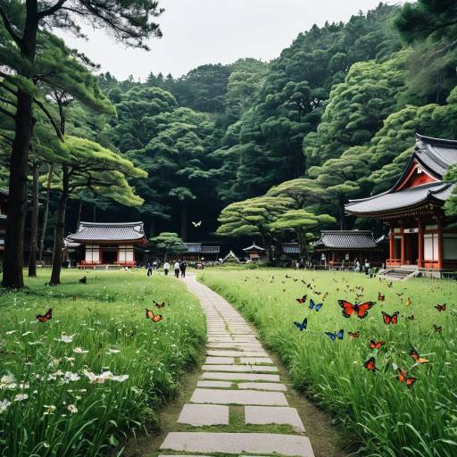 Japanese Shrine Meadow with Butterflies
