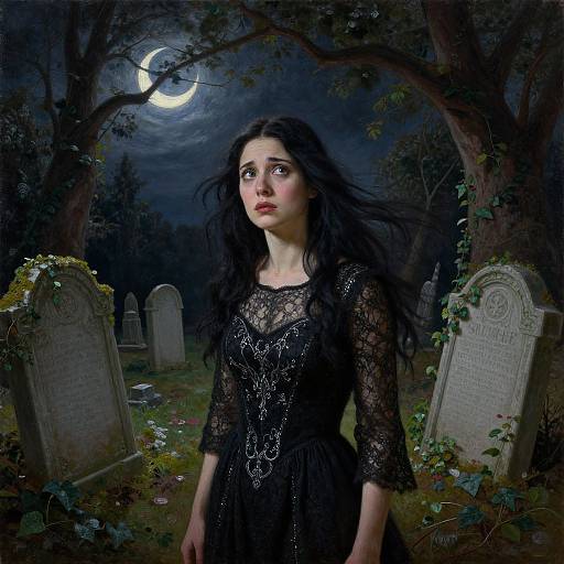 Digital artwork: Gothic-style young woman with long black hair, red lips, and black lace dress, standing in a moonlit cemetery, surrounded by over