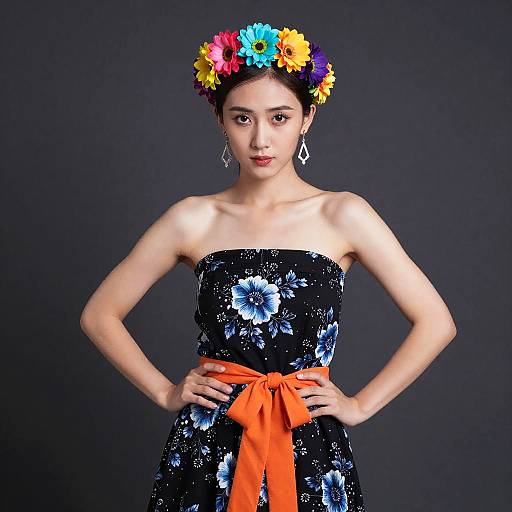 Confident Woman in Floral Dress and Crown