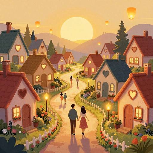 Whimsical digital painting of a sunlit village at sunset, featuring heart-shaped roof decorations, flower-lined path, and people walking away.