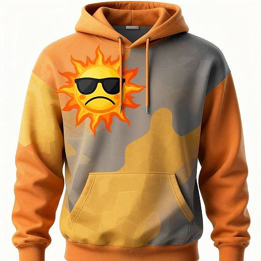 Photograph of a camo-patterned hoodie with an orange sun graphic and black sunglasses on the chest, featuring a sad face. Hood has orange draw