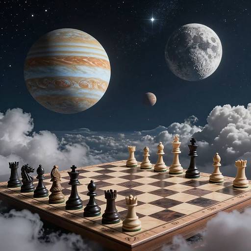 Digital art: Chessboard with black and white pieces floating in space, surrounded by planets, stars, and clouds. Cosmic, surreal scene.