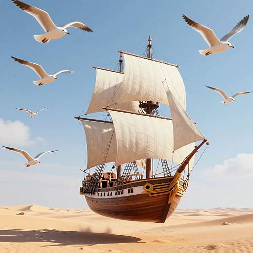 Photorealistic image of a wooden pirate ship with white sails sailing over a sandy desert, surrounded by flying seagulls under a clear blue sky.