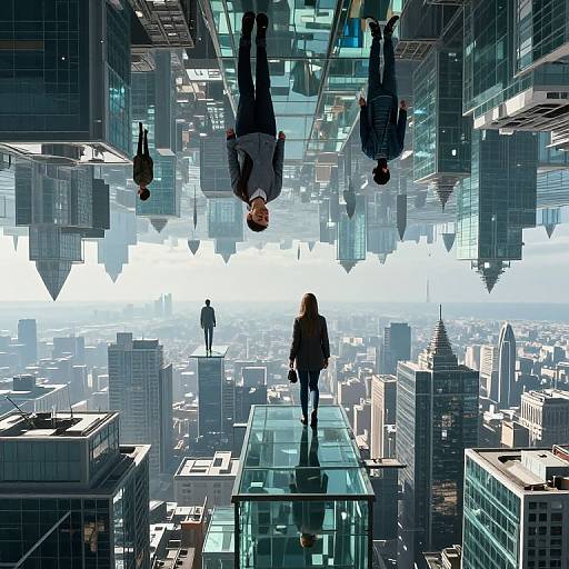 Digital art: Cityscape with floating businesspeople; one woman with brown hair stands on glass rooftop, overlooking skyscrapers; surreal, high-contrast