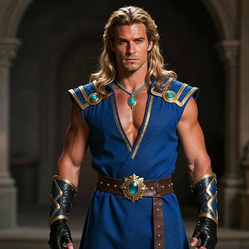 Photograph of a muscular, blond-haired man with long hair, wearing a deep blue, sleeveless, v-neck tunic with gold and turquoise accents