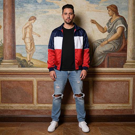 Photograph of a bearded man in a red, white, and blue jacket, black shirt, ripped jeans, and white sneakers, standing in front