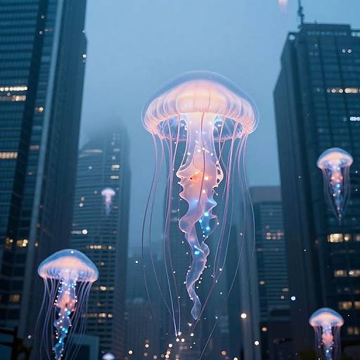 Photograph of glowing jellyfish with translucent, bioluminescent bodies floating in a cityscape of tall, dark skyscrapers at dusk.