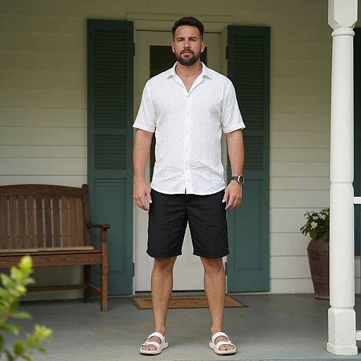 Photograph of a bearded man with short dark hair, wearing a white shirt, black shorts, white sandals, standing on a porch with teal shut