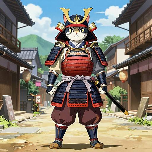 Samurai Cat in Japanese Village