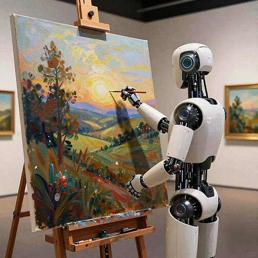 Photograph of a white, robotic humanoid painting a vibrant, impressionist landscape on an easel in a gallery with framed paintings on white walls.