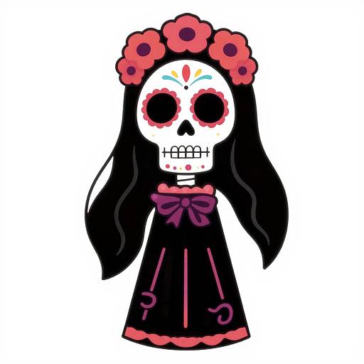 Digital drawing of a Day of the Dead sugar skull with long black hair, red flower crown, black dress, purple bow, and colorful face paint.