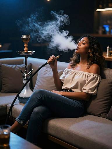 Woman Smoking Shisha in Modern Lounge