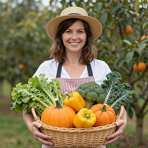 Photograph of smiling woman in straw hat and red-striped apron, holding basket of colorful vegetables (oranges, yellow bell peppers, broccoli, kale