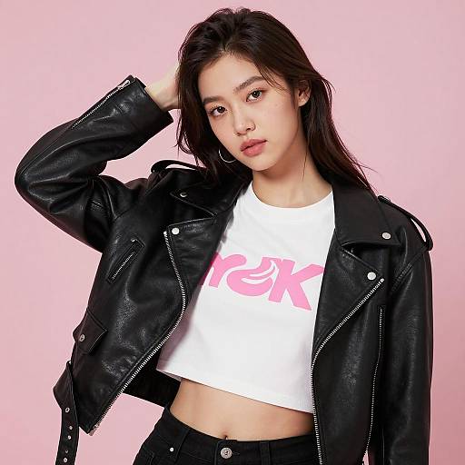 Young woman in black leather jacket against pink background