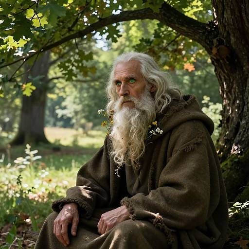 Photograph of an elderly, white-bearded man with green eyes, wearing a brown fur cloak, sitting under a tree in a sunlit forest.