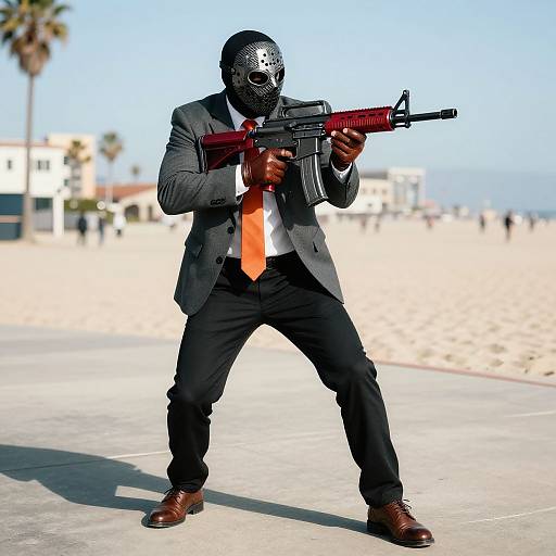 Photograph of a masked man in a gray suit, orange tie, black pants, and brown boots, holding a red and black rifle, standing on