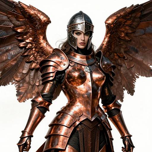 Digital artwork of a female angel warrior in shiny copper armor with large, detailed brown wings, wearing a metallic helmet, standing against a white background.
