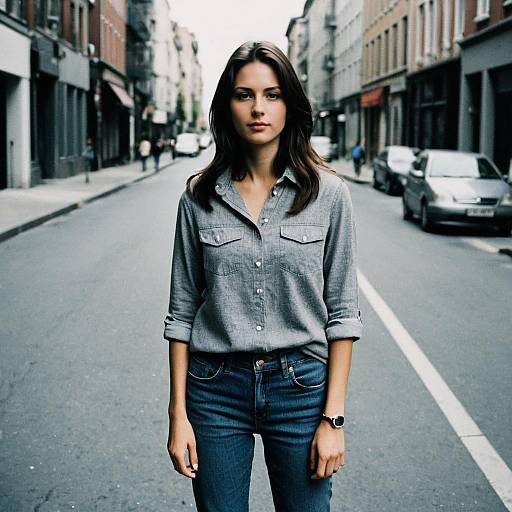 Photograph of a young woman with straight brown hair, wearing a gray button-up shirt and blue jeans, standing confidently on an empty urban street with buildings