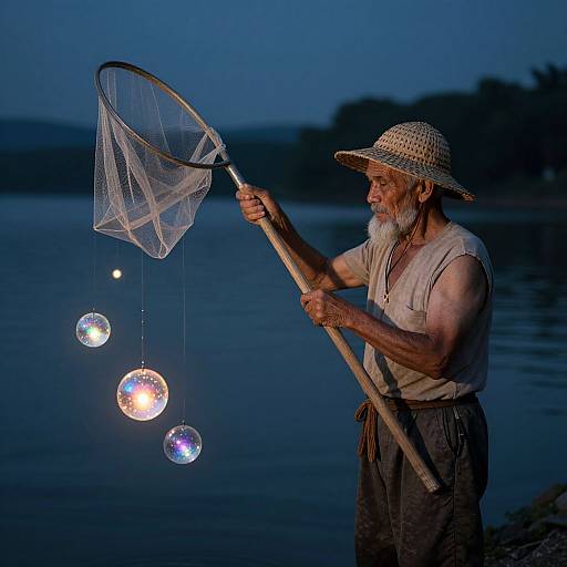 Photograph of an older bearded man with a straw hat, holding a net with glowing bubble lights over a twilight lake.