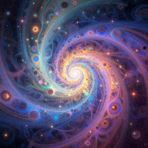 Vibrant digital artwork of a swirling galaxy with glowing blue, orange, and white spirals, surrounded by colorful circular patterns and twinkling stars against