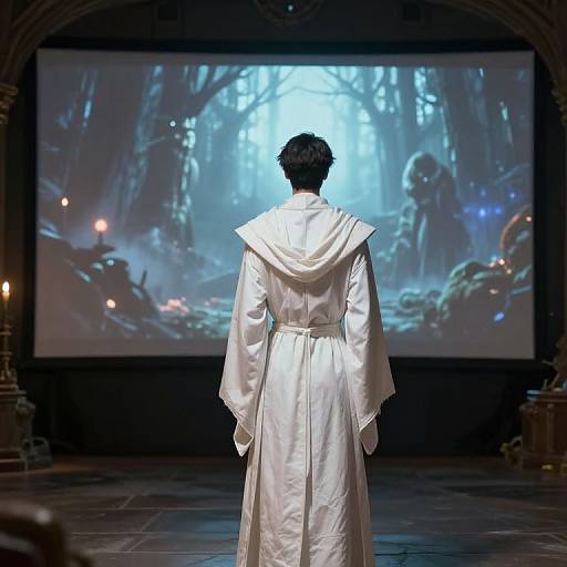 Photograph of a person in a white, long-sleeve robe facing a large, illuminated movie screen displaying a dark, foggy forest scene.
