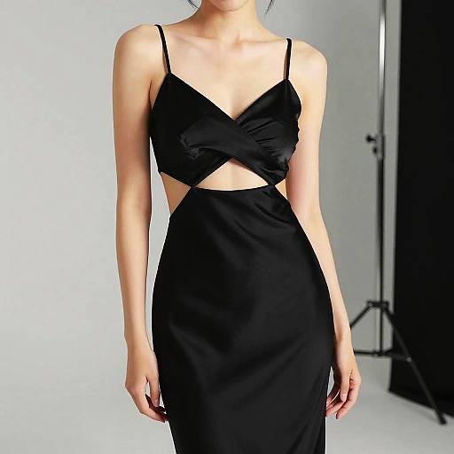 Photograph of a slim, light-skinned woman in a black, crisscross-strap, cut-out dress, standing against a minimalistic white