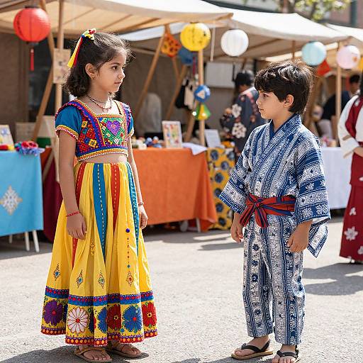 Photograph of two children in traditional Mexican clothing; girl in yellow dress, boy in blue patterned suit, standing outdoors at a market with colorful lantern