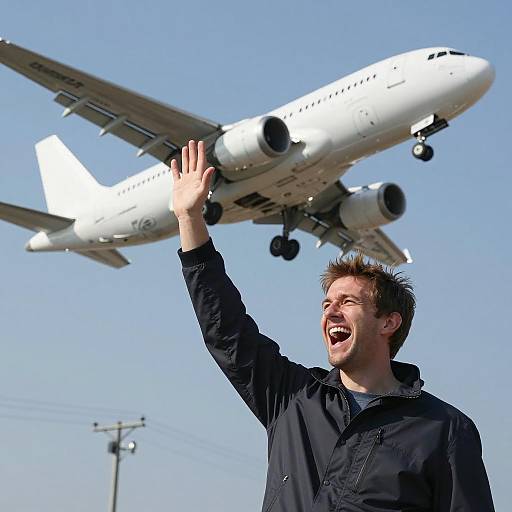 Excited Man Beneath Flying Airplane