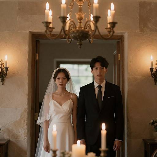 Romantic Wedding Scene Through Chandelier