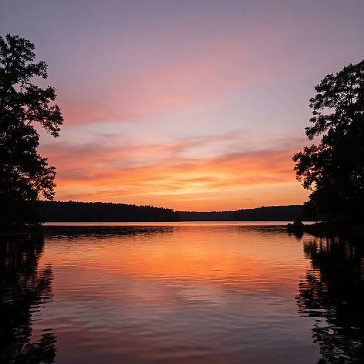 Photograph of a serene lake at sunset, with vibrant orange and pink sky reflected on the calm water, framed by dark silhouettes of trees on