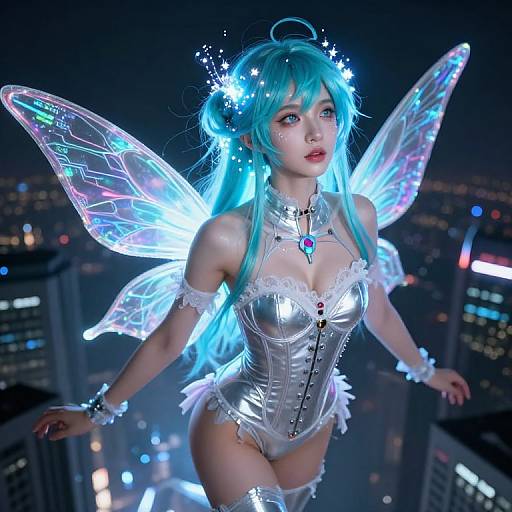 CGI fantasy image of a blue-haired fairy with glowing wings, silver corset, and white frills, set against a nighttime cityscape.